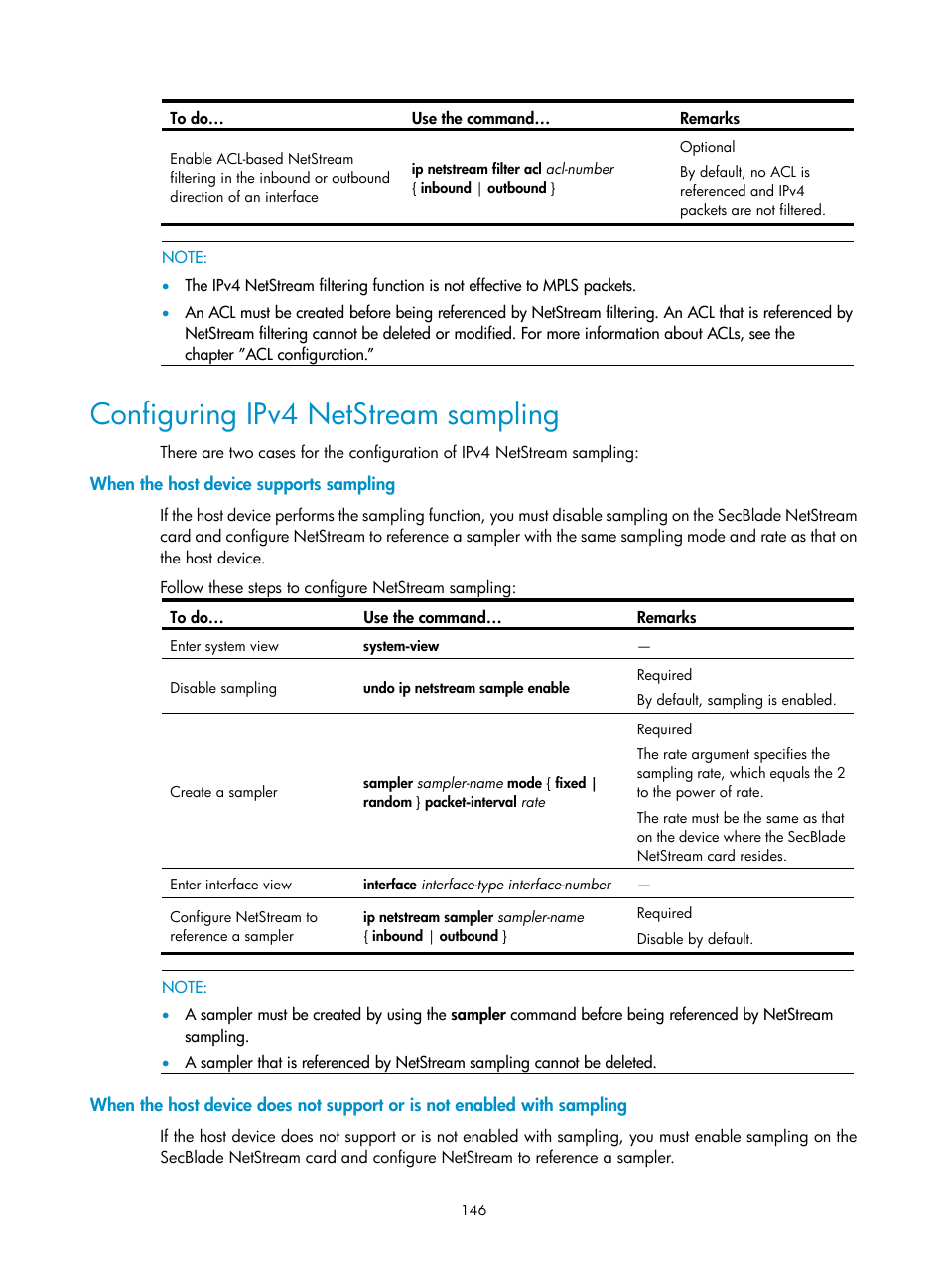 Configuring ipv4 netstream sampling, When the host device supports sampling | H3C Technologies H3C SecBlade NetStream Cards User Manual | Page 161 / 349
