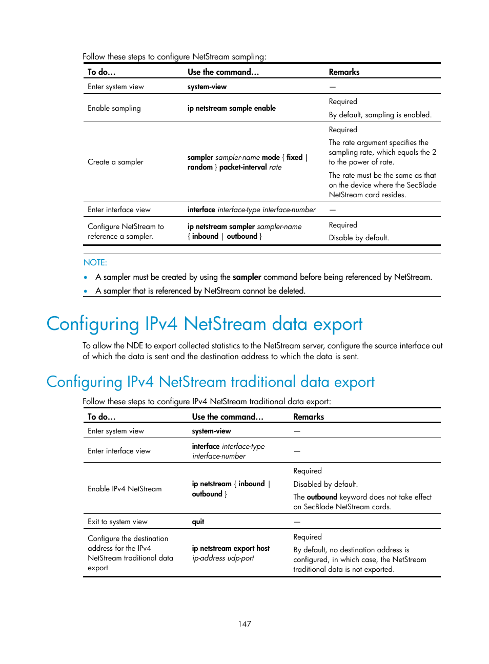 Configuring ipv4 netstream data export, Configuring ipv4 netstream traditional data export | H3C Technologies H3C SecBlade NetStream Cards User Manual | Page 162 / 349