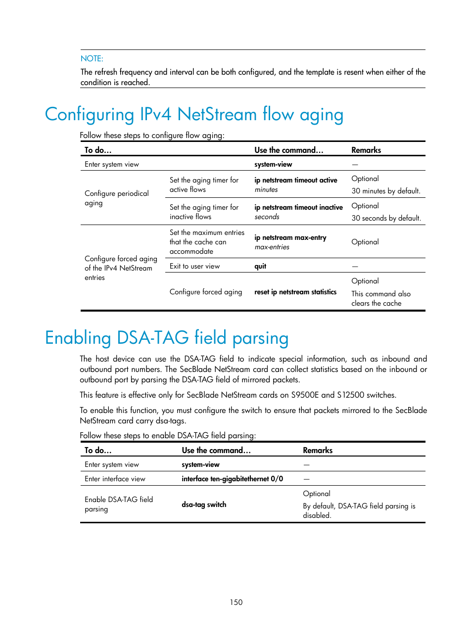 Configuring ipv4 netstream flow aging, Enabling dsa-tag field parsing | H3C Technologies H3C SecBlade NetStream Cards User Manual | Page 165 / 349