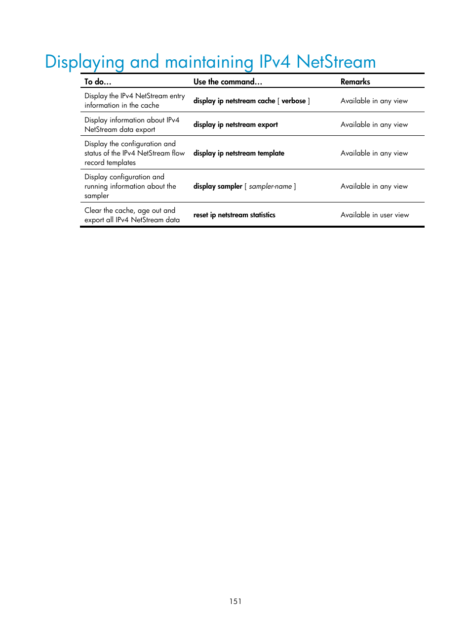 Displaying and maintaining ipv4 netstream | H3C Technologies H3C SecBlade NetStream Cards User Manual | Page 166 / 349