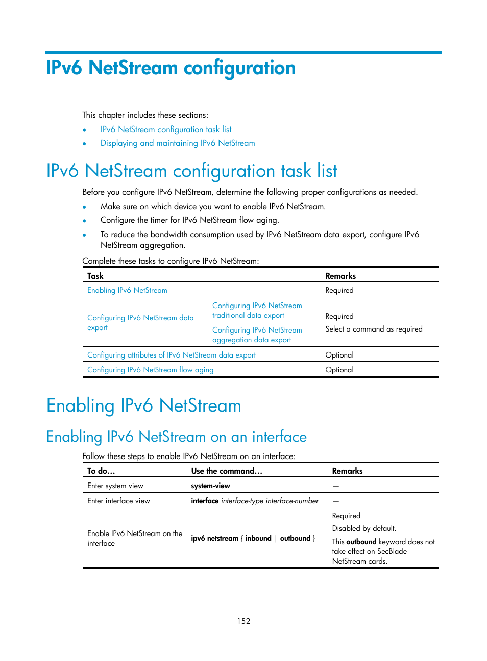Ipv6 netstream configuration, Ipv6 netstream configuration task list, Enabling ipv6 netstream | Enabling ipv6 netstream on an interface | H3C Technologies H3C SecBlade NetStream Cards User Manual | Page 167 / 349