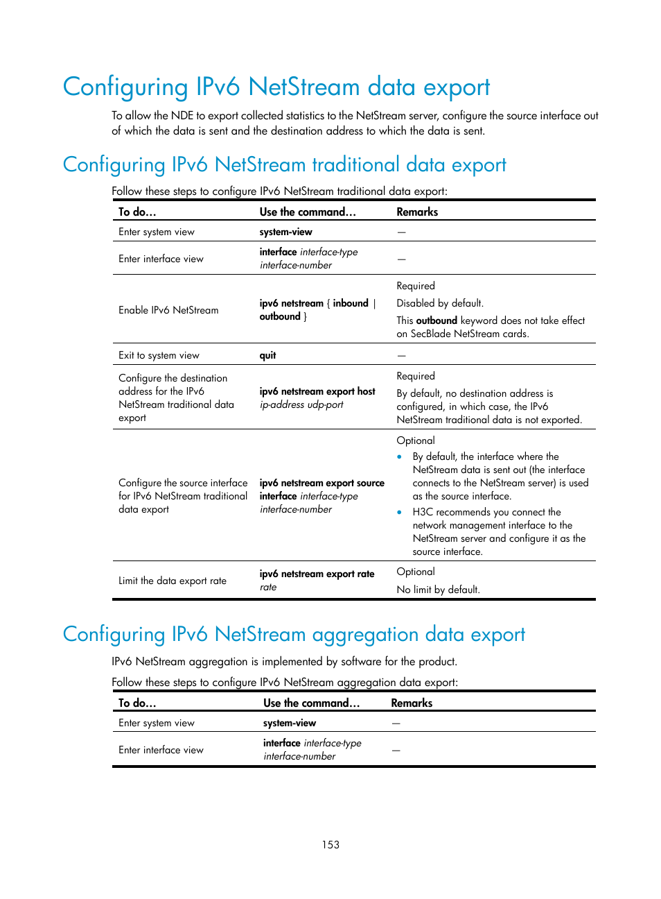 Configuring ipv6 netstream data export, Configuring ipv6 netstream traditional data export, Configuring ipv6 netstream aggregation data export | H3C Technologies H3C SecBlade NetStream Cards User Manual | Page 168 / 349