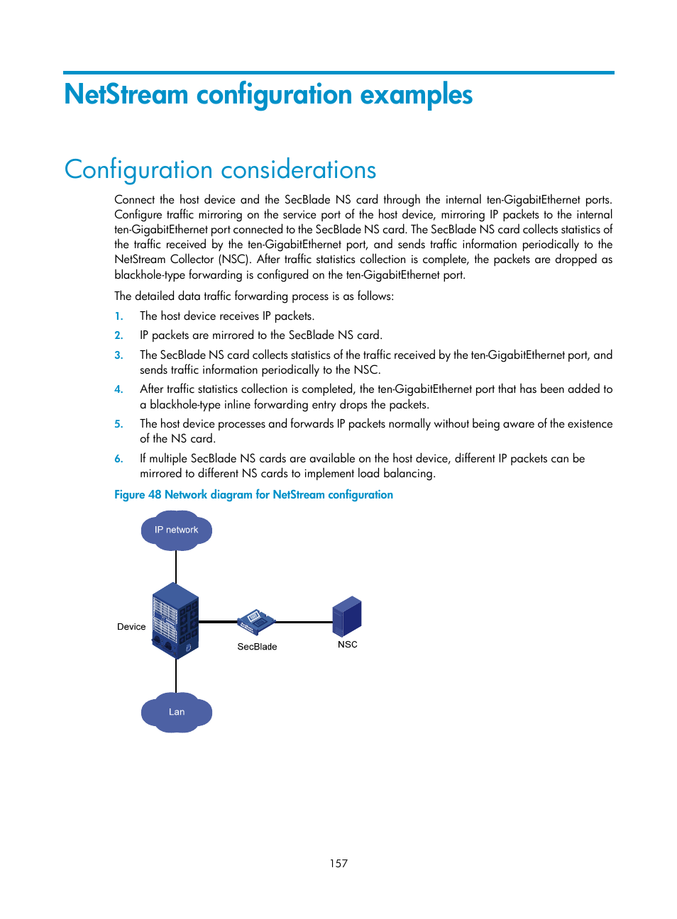 Netstream configuration examples, Configuration considerations | H3C Technologies H3C SecBlade NetStream Cards User Manual | Page 172 / 349