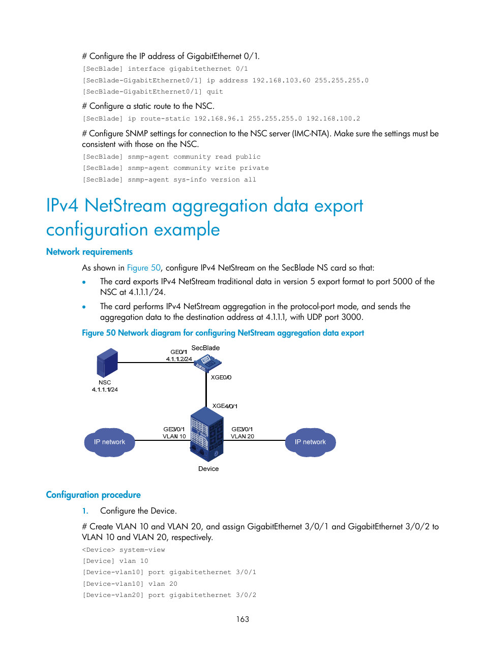 Network requirements, Configuration procedure | H3C Technologies H3C SecBlade NetStream Cards User Manual | Page 178 / 349