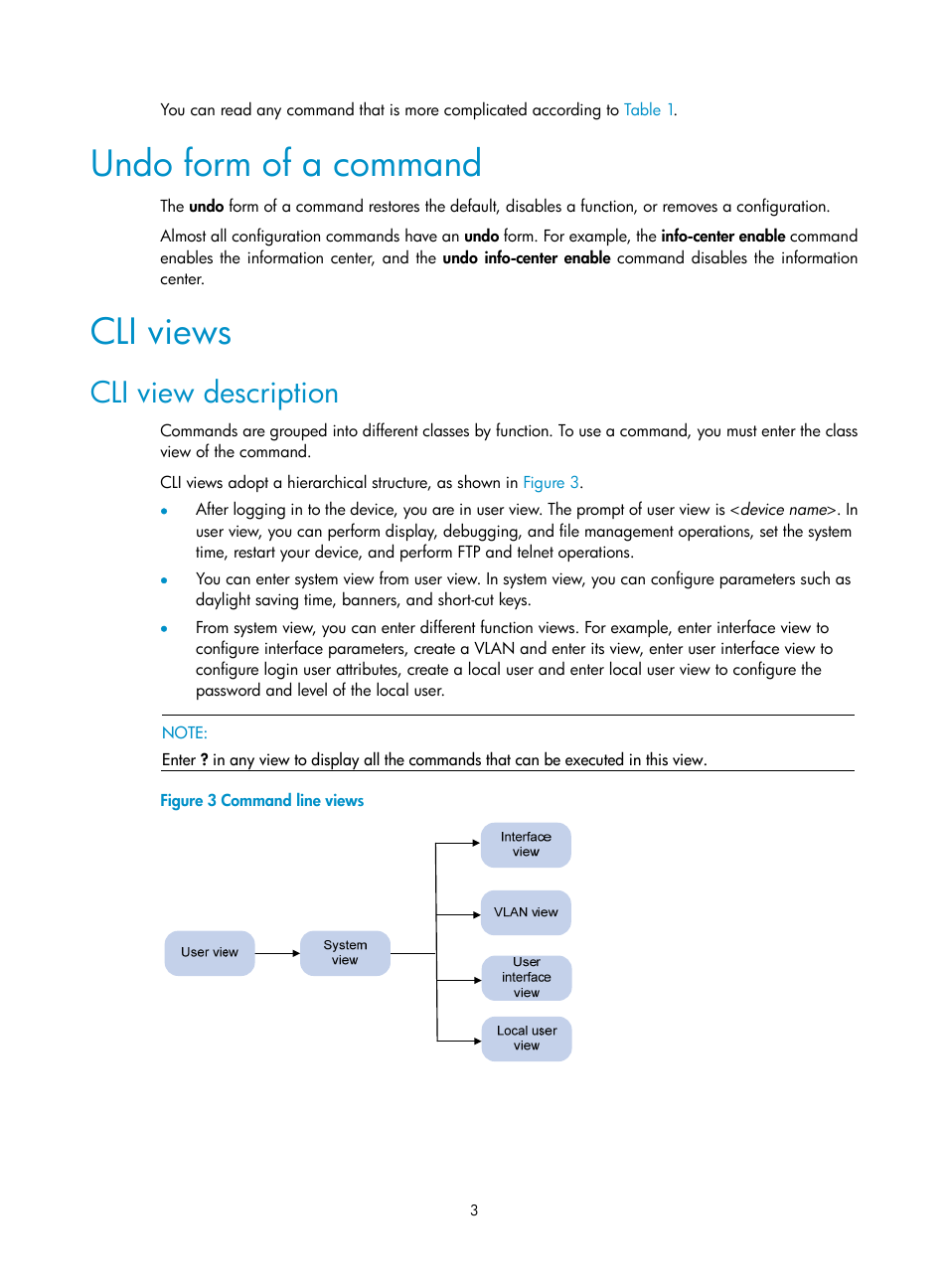 Undo form of a command, Cli views, Cli view description | H3C Technologies H3C SecBlade NetStream Cards User Manual | Page 18 / 349