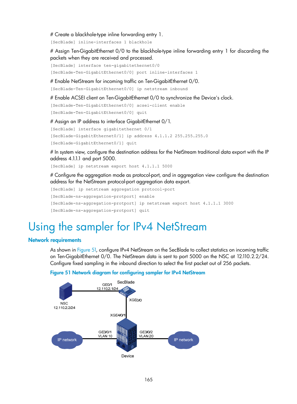 Using the sampler for ipv4 netstream, Network requirements | H3C Technologies H3C SecBlade NetStream Cards User Manual | Page 180 / 349