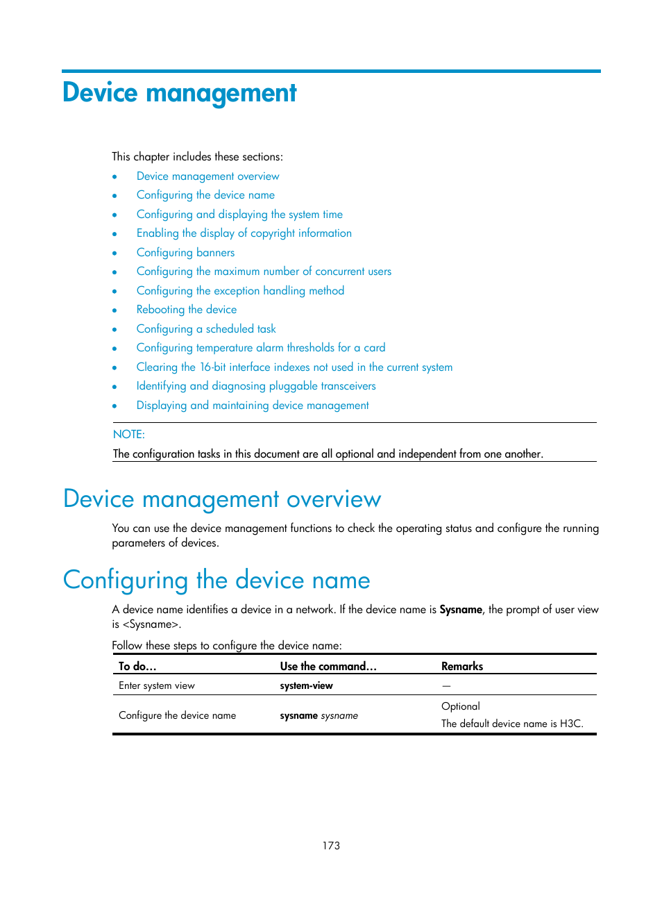 Device management, Device management overview, Configuring the device name | H3C Technologies H3C SecBlade NetStream Cards User Manual | Page 188 / 349