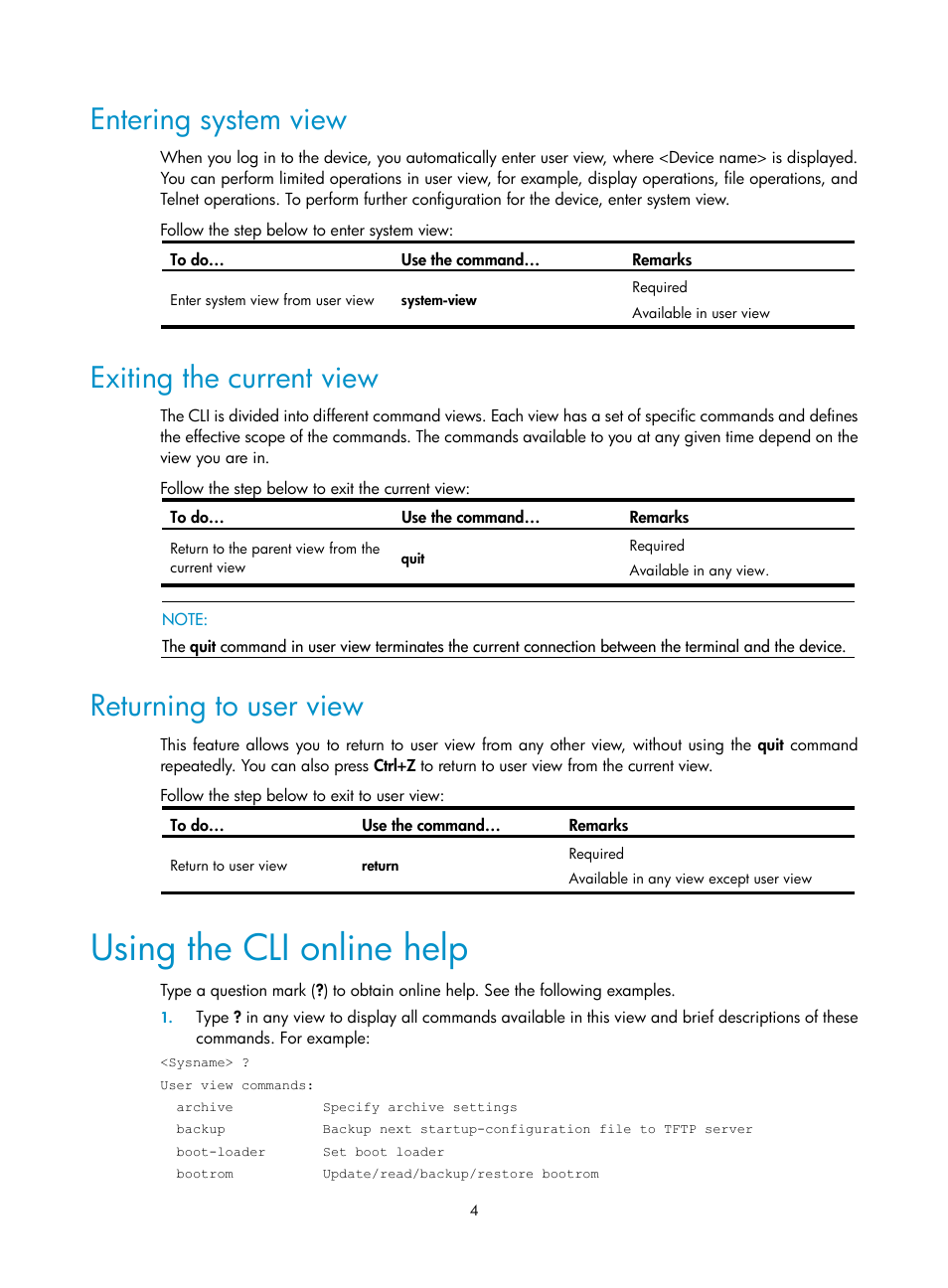 Entering system view, Exiting the current view, Returning to user view | Using the cli online help | H3C Technologies H3C SecBlade NetStream Cards User Manual | Page 19 / 349