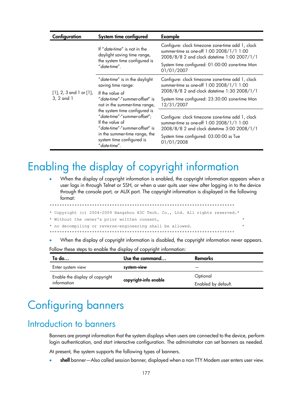 Enabling the display of copyright information, Configuring banners, Introduction to banners | H3C Technologies H3C SecBlade NetStream Cards User Manual | Page 192 / 349