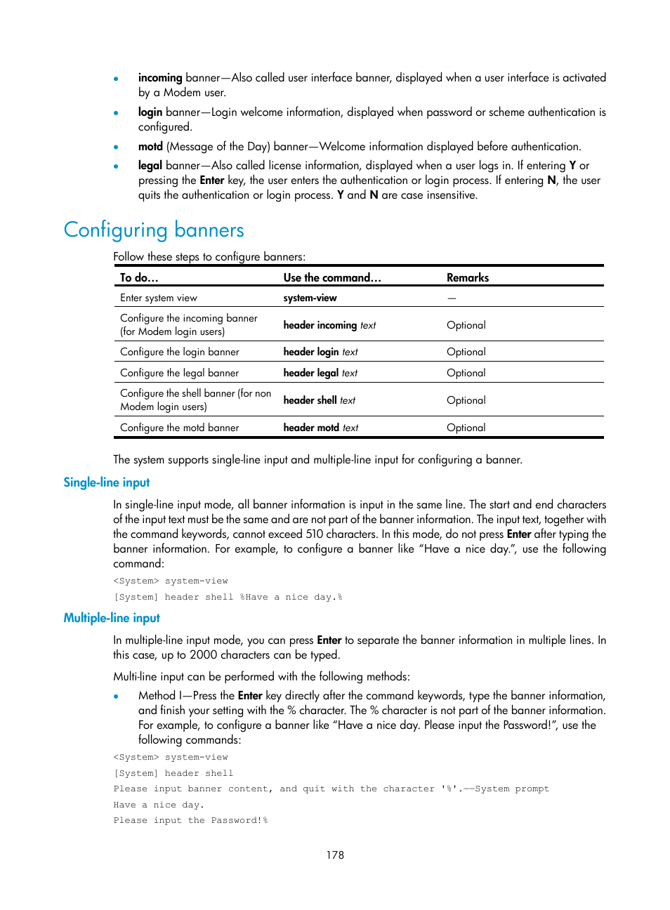 Configuring banners, Single-line input, Multiple-line input | H3C Technologies H3C SecBlade NetStream Cards User Manual | Page 193 / 349