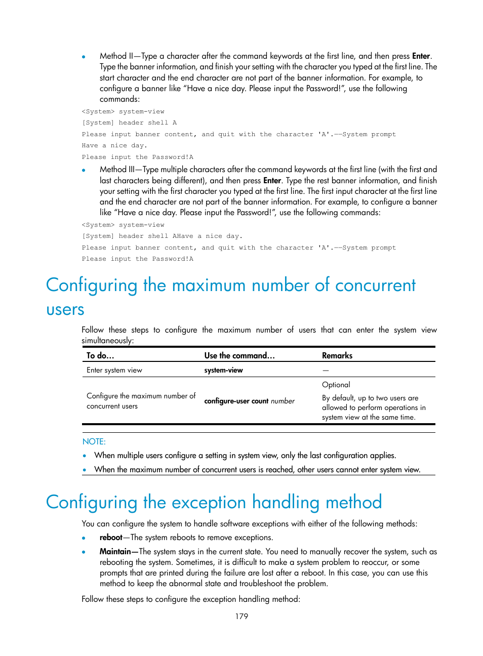 Configuring the maximum number of concurrent users, Configuring the exception handling method | H3C Technologies H3C SecBlade NetStream Cards User Manual | Page 194 / 349