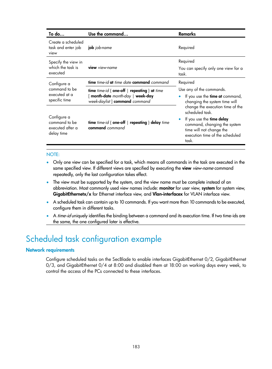 Scheduled task configuration example, Network requirements | H3C Technologies H3C SecBlade NetStream Cards User Manual | Page 198 / 349