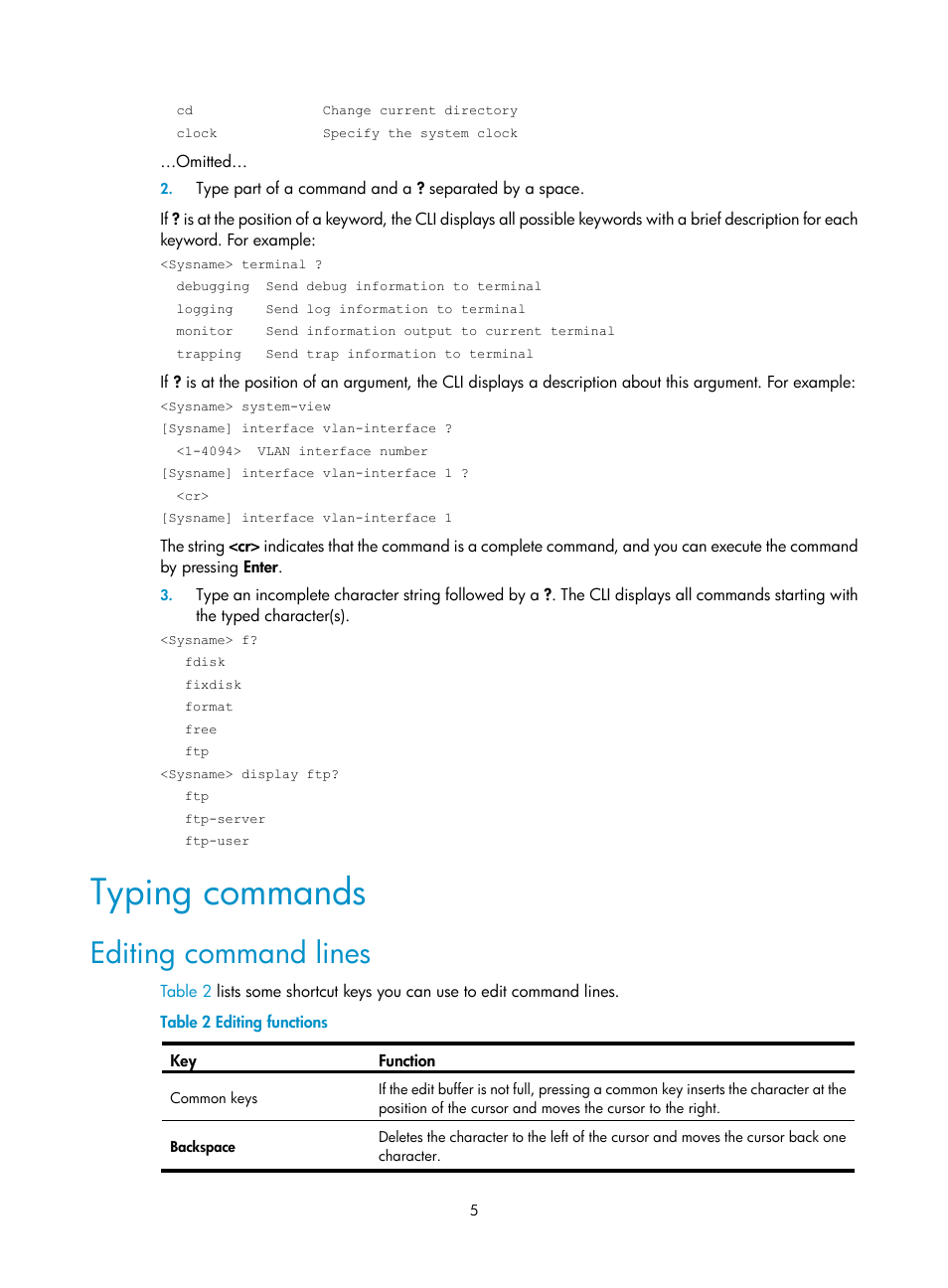 Typing commands, Editing command lines | H3C Technologies H3C SecBlade NetStream Cards User Manual | Page 20 / 349