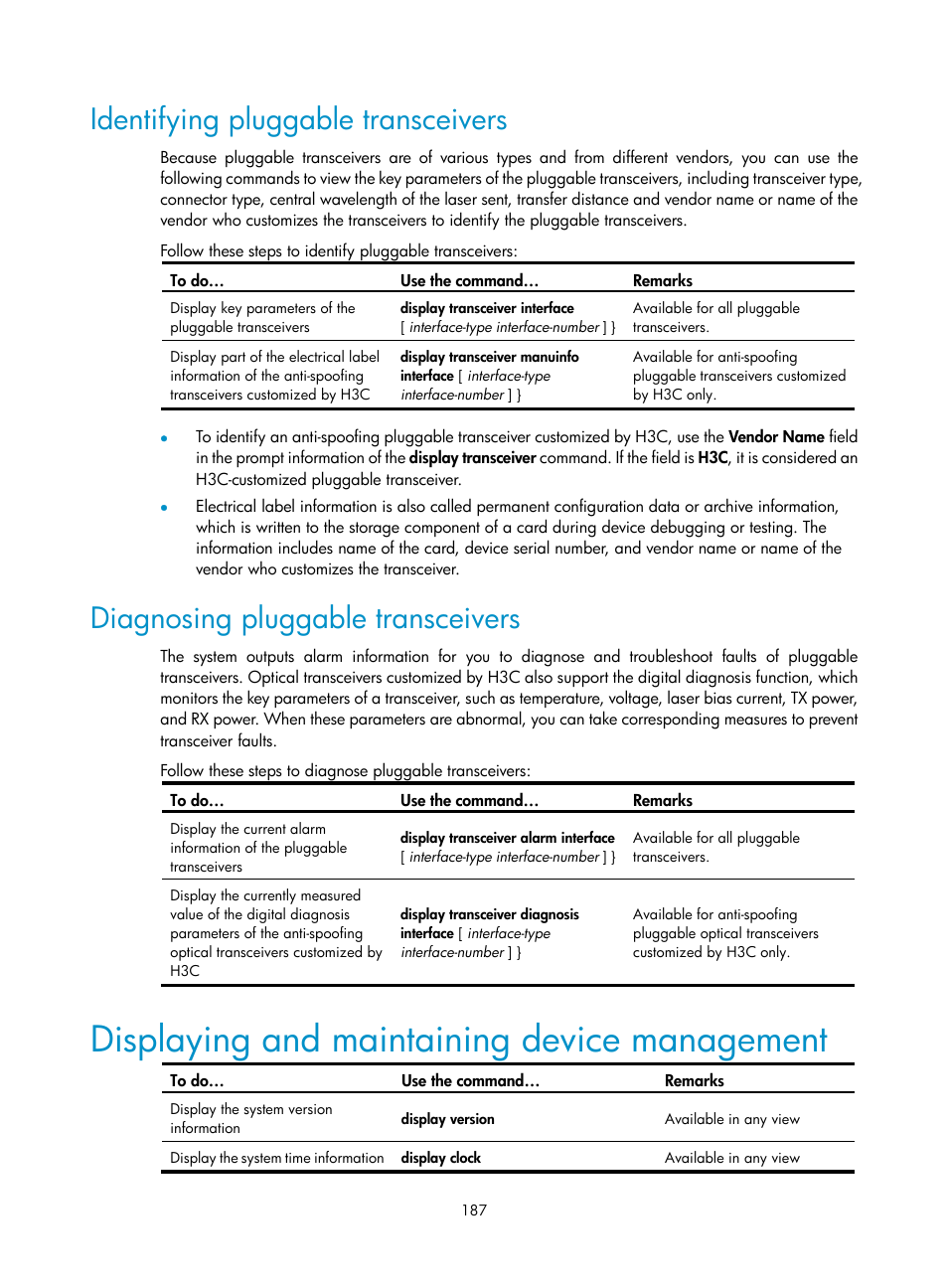 Identifying pluggable transceivers, Diagnosing pluggable transceivers, Displaying and maintaining device management | H3C Technologies H3C SecBlade NetStream Cards User Manual | Page 202 / 349
