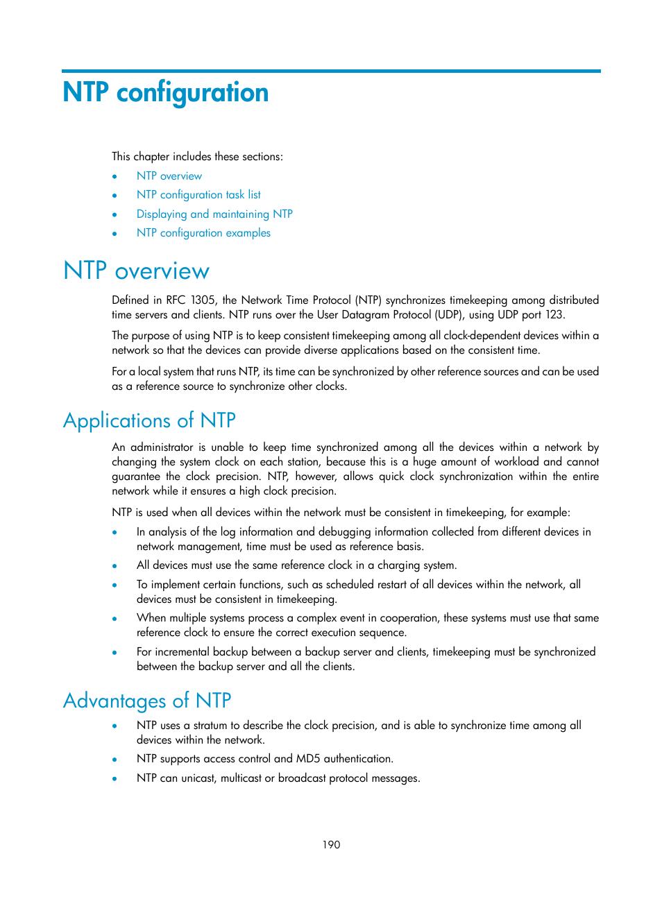 Ntp configuration, Ntp overview, Applications of ntp | Advantages of ntp | H3C Technologies H3C SecBlade NetStream Cards User Manual | Page 205 / 349