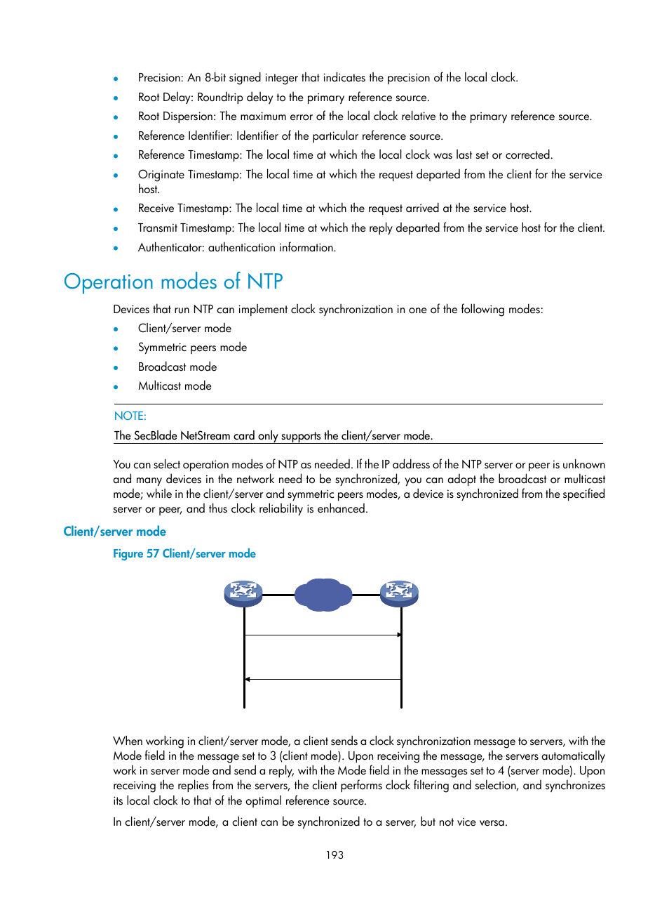 Operation modes of ntp, Client/server mode | H3C Technologies H3C SecBlade NetStream Cards User Manual | Page 208 / 349