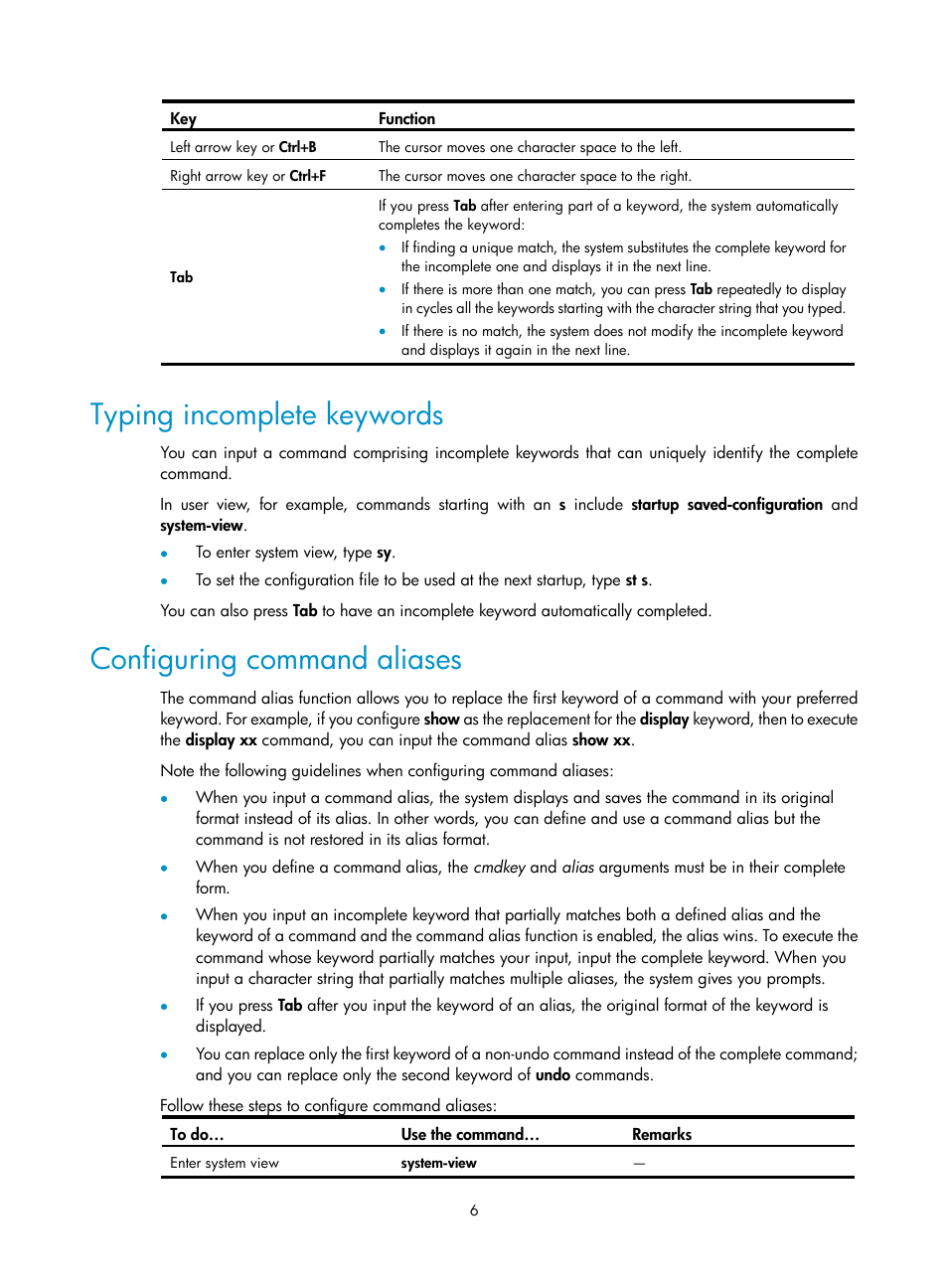 Typing incomplete keywords, Configuring command aliases | H3C Technologies H3C SecBlade NetStream Cards User Manual | Page 21 / 349