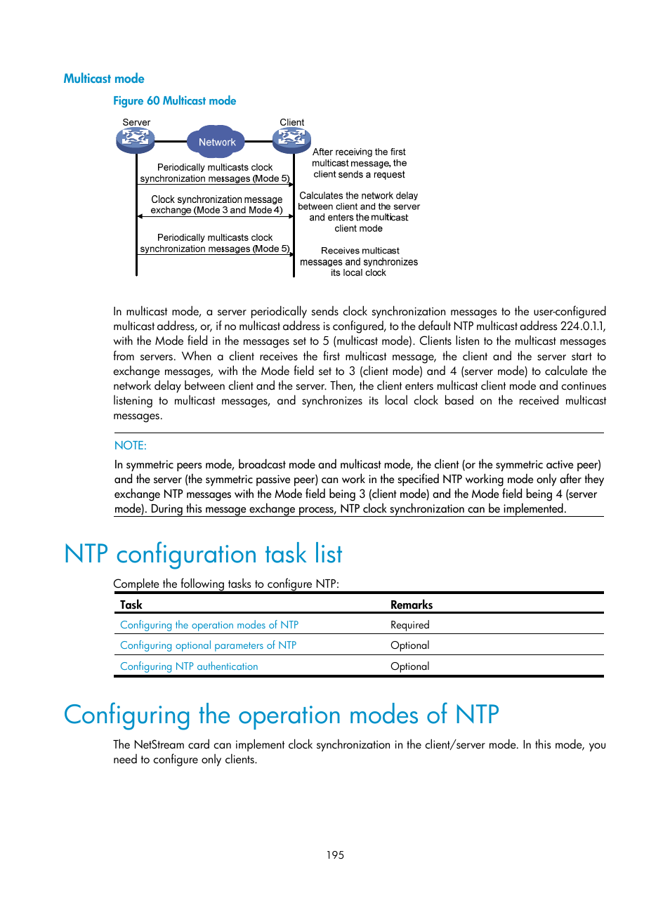 Multicast mode, Ntp configuration task list, Configuring the operation modes of ntp | H3C Technologies H3C SecBlade NetStream Cards User Manual | Page 210 / 349