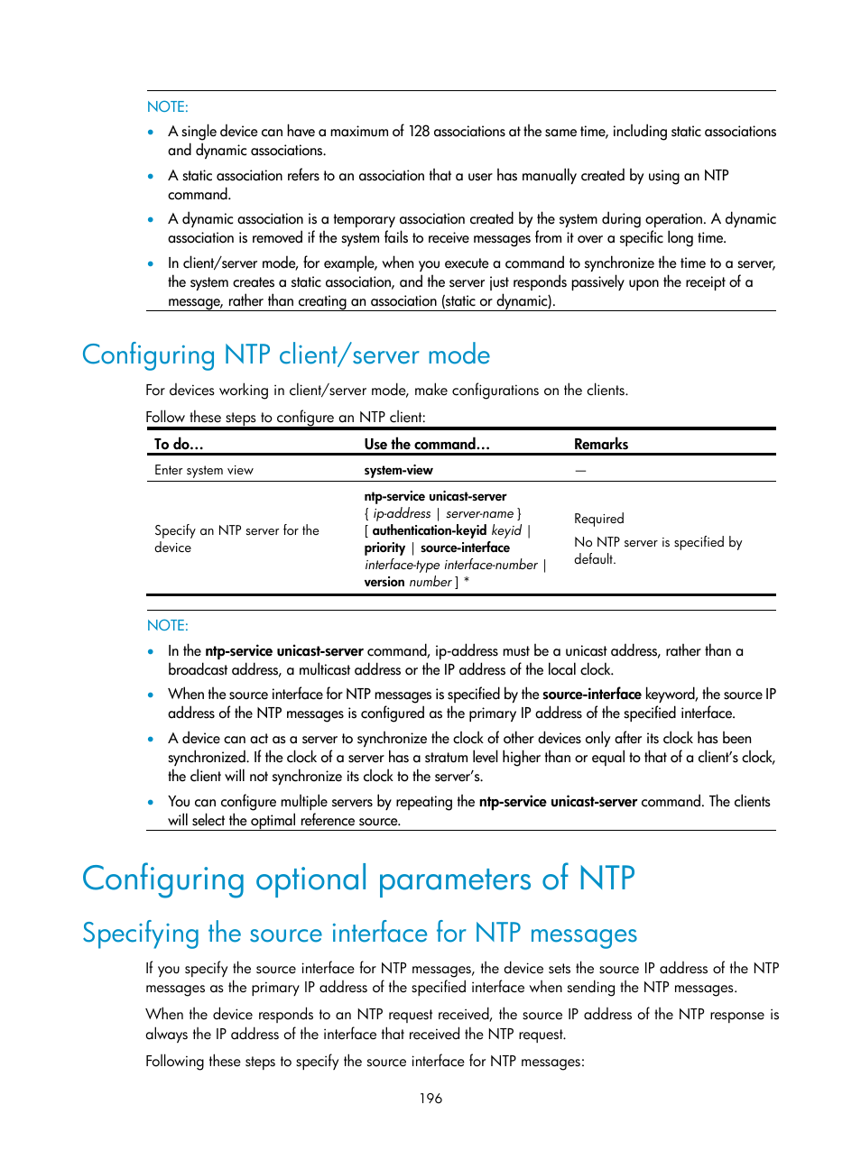Configuring ntp client/server mode, Configuring optional parameters of ntp, Specifying the source interface for ntp messages | H3C Technologies H3C SecBlade NetStream Cards User Manual | Page 211 / 349