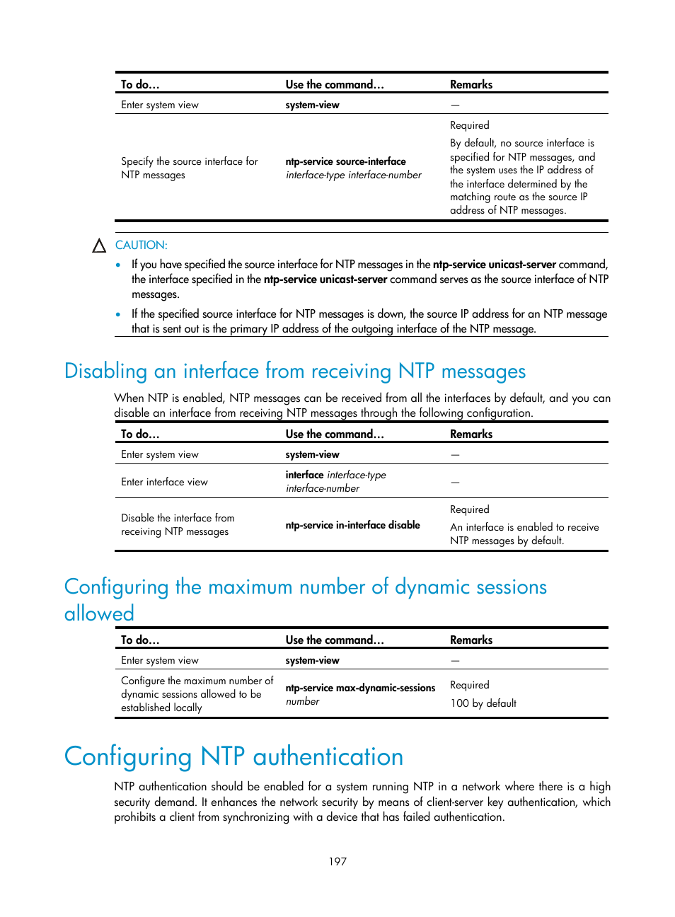 Disabling an interface from receiving ntp messages, Configuring ntp authentication | H3C Technologies H3C SecBlade NetStream Cards User Manual | Page 212 / 349