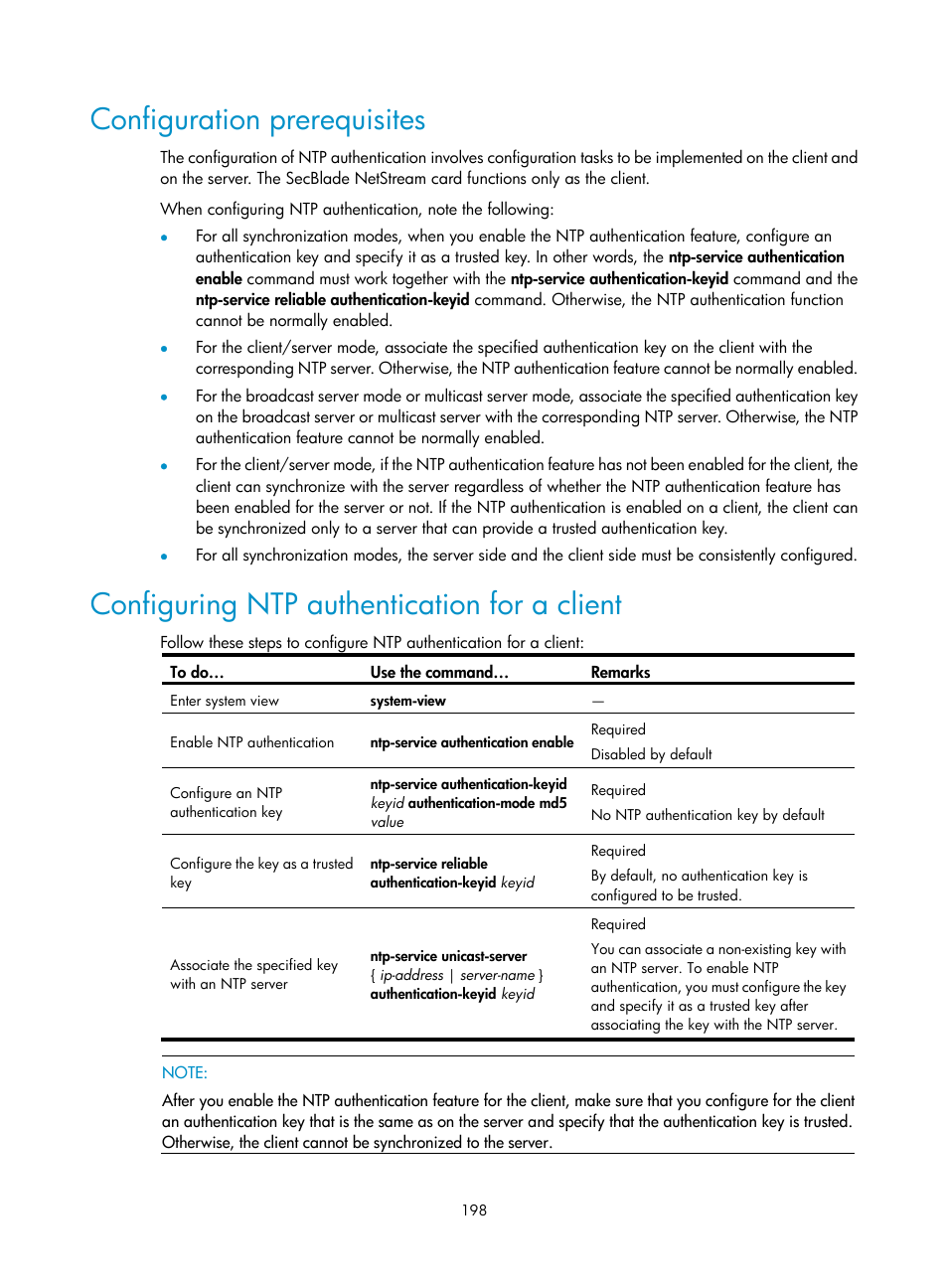 Configuration prerequisites, Configuring ntp authentication for a client | H3C Technologies H3C SecBlade NetStream Cards User Manual | Page 213 / 349