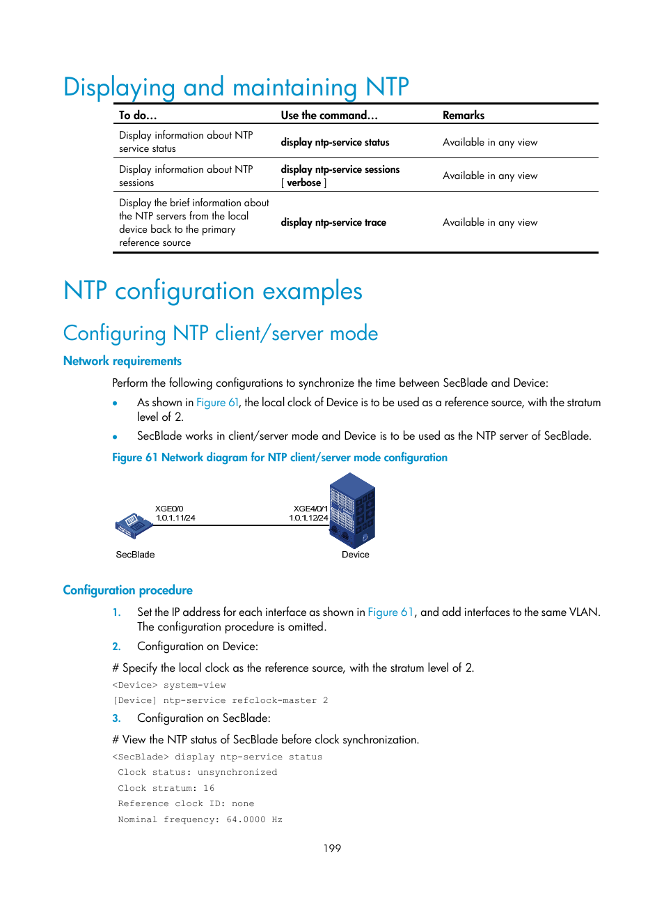 Displaying and maintaining ntp, Ntp configuration examples, Configuring ntp client/server mode | Network requirements, Configuration procedure | H3C Technologies H3C SecBlade NetStream Cards User Manual | Page 214 / 349