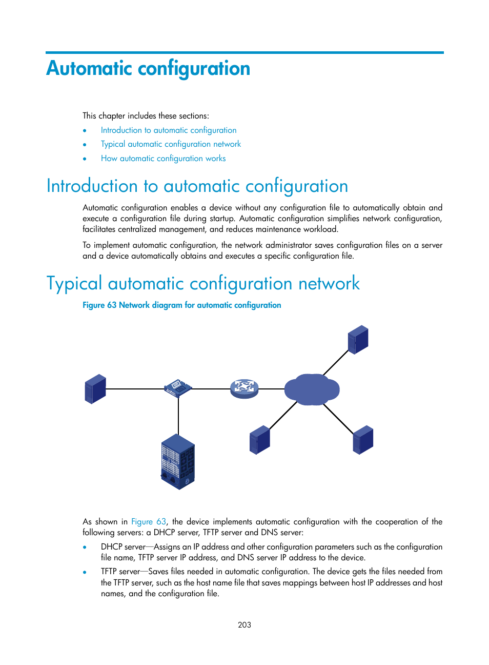 Automatic configuration, Introduction to automatic configuration, Typical automatic configuration network | H3C Technologies H3C SecBlade NetStream Cards User Manual | Page 218 / 349