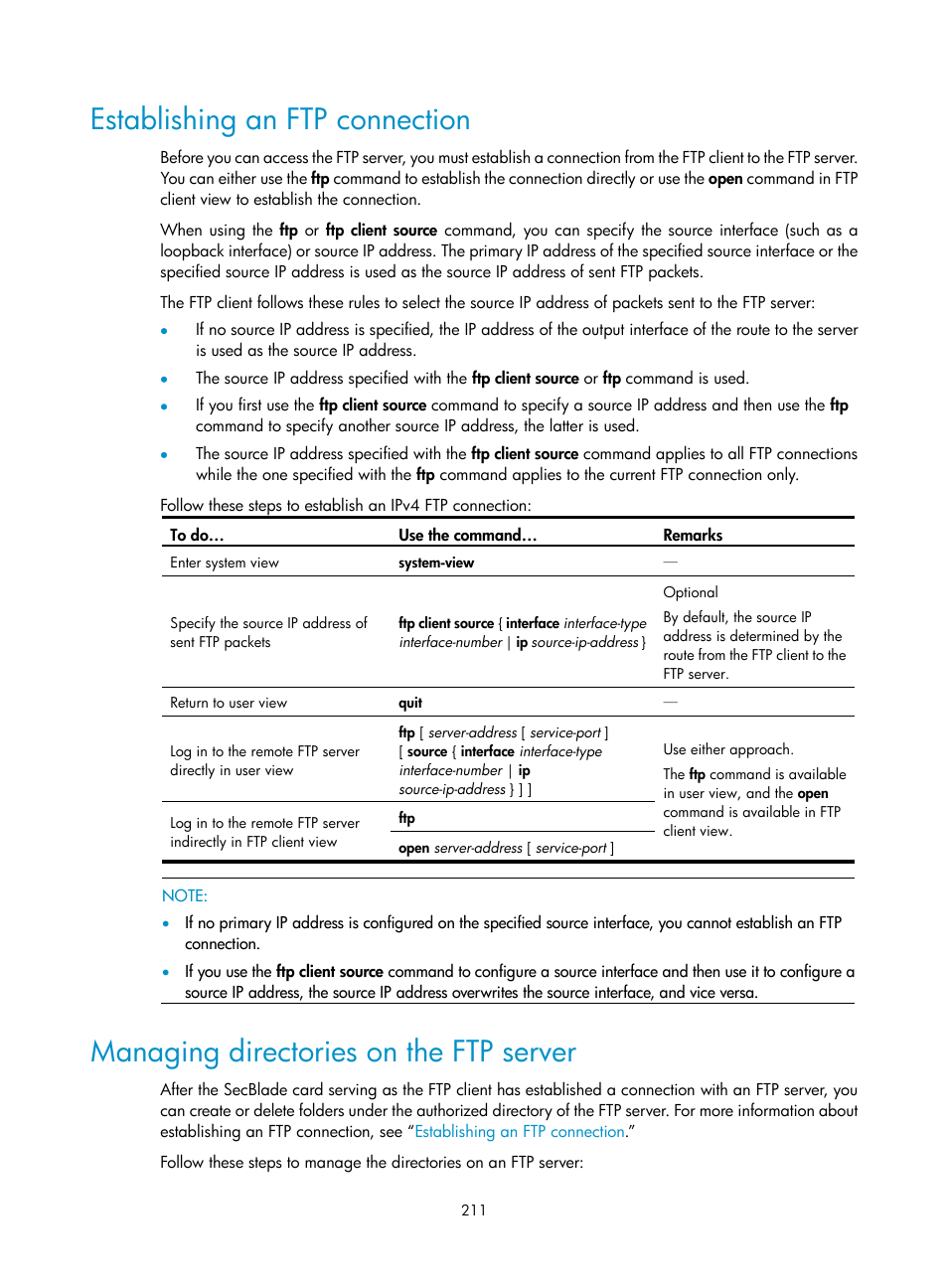 Establishing an ftp connection, Managing directories on the ftp server | H3C Technologies H3C SecBlade NetStream Cards User Manual | Page 226 / 349