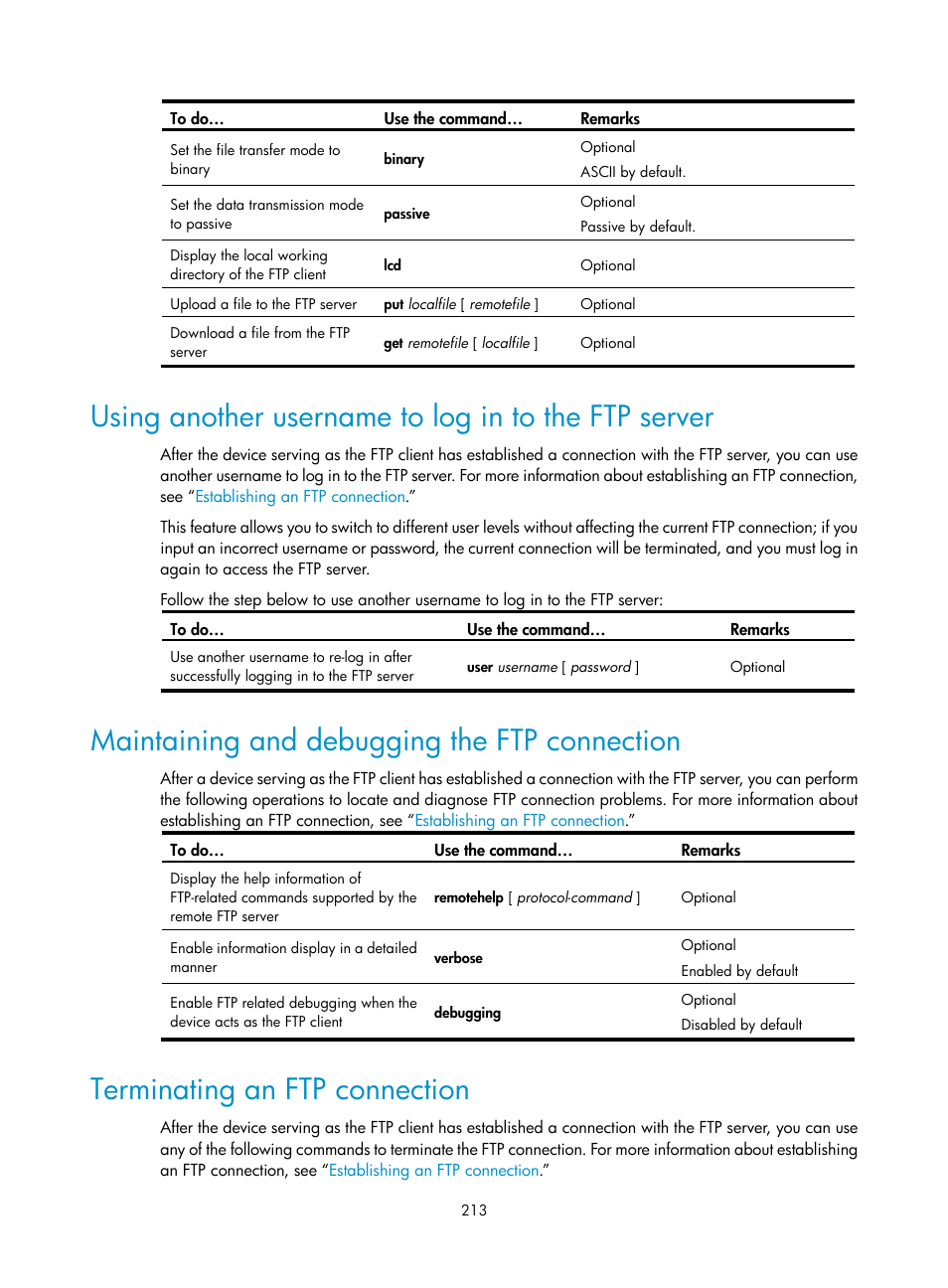 Using another username to log in to the ftp server, Maintaining and debugging the ftp connection, Terminating an ftp connection | H3C Technologies H3C SecBlade NetStream Cards User Manual | Page 228 / 349