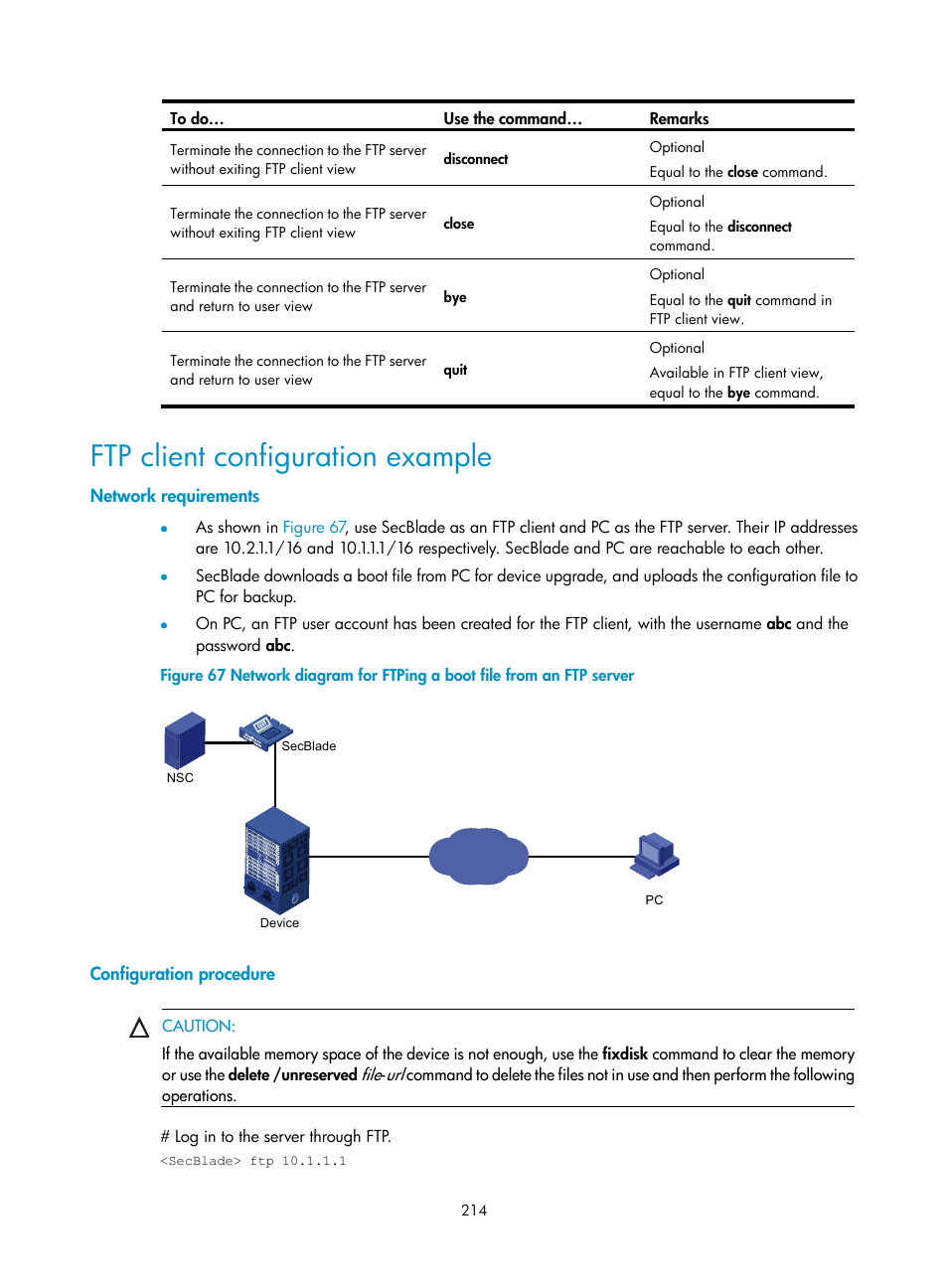 Ftp client configuration example, Network requirements, Configuration procedure | H3C Technologies H3C SecBlade NetStream Cards User Manual | Page 229 / 349