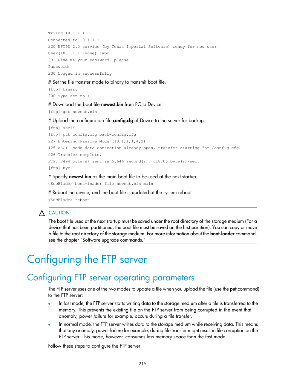 Configuring the ftp server, Configuring ftp server operating parameters | H3C Technologies H3C SecBlade NetStream Cards User Manual | Page 230 / 349
