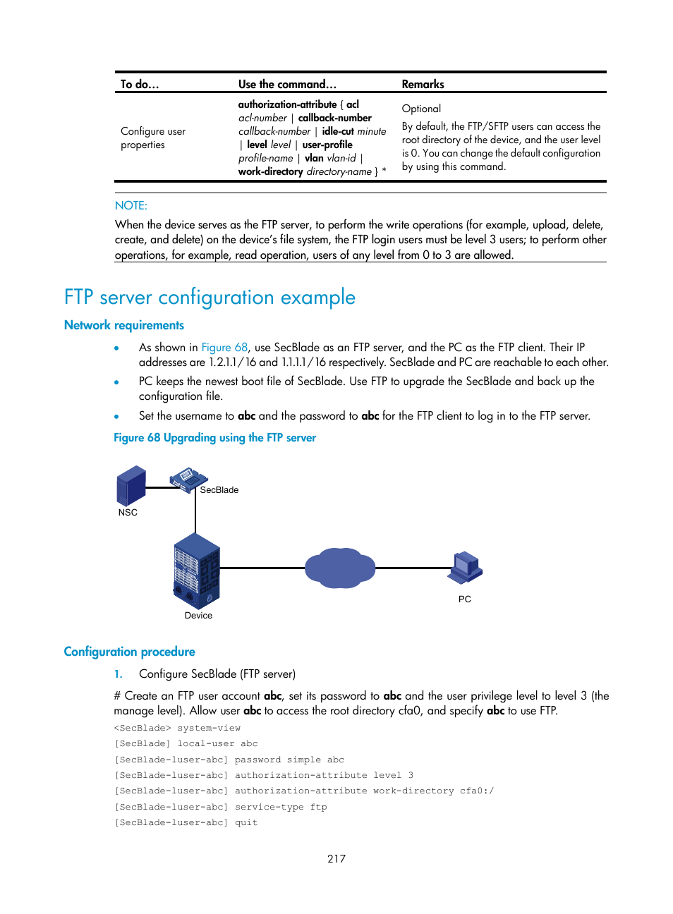 Ftp server configuration example, Network requirements, Configuration procedure | H3C Technologies H3C SecBlade NetStream Cards User Manual | Page 232 / 349