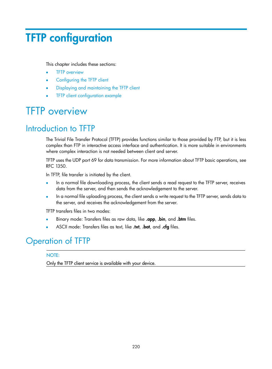 Tftp configuration, Tftp overview, Introduction to tftp | Operation of tftp | H3C Technologies H3C SecBlade NetStream Cards User Manual | Page 235 / 349
