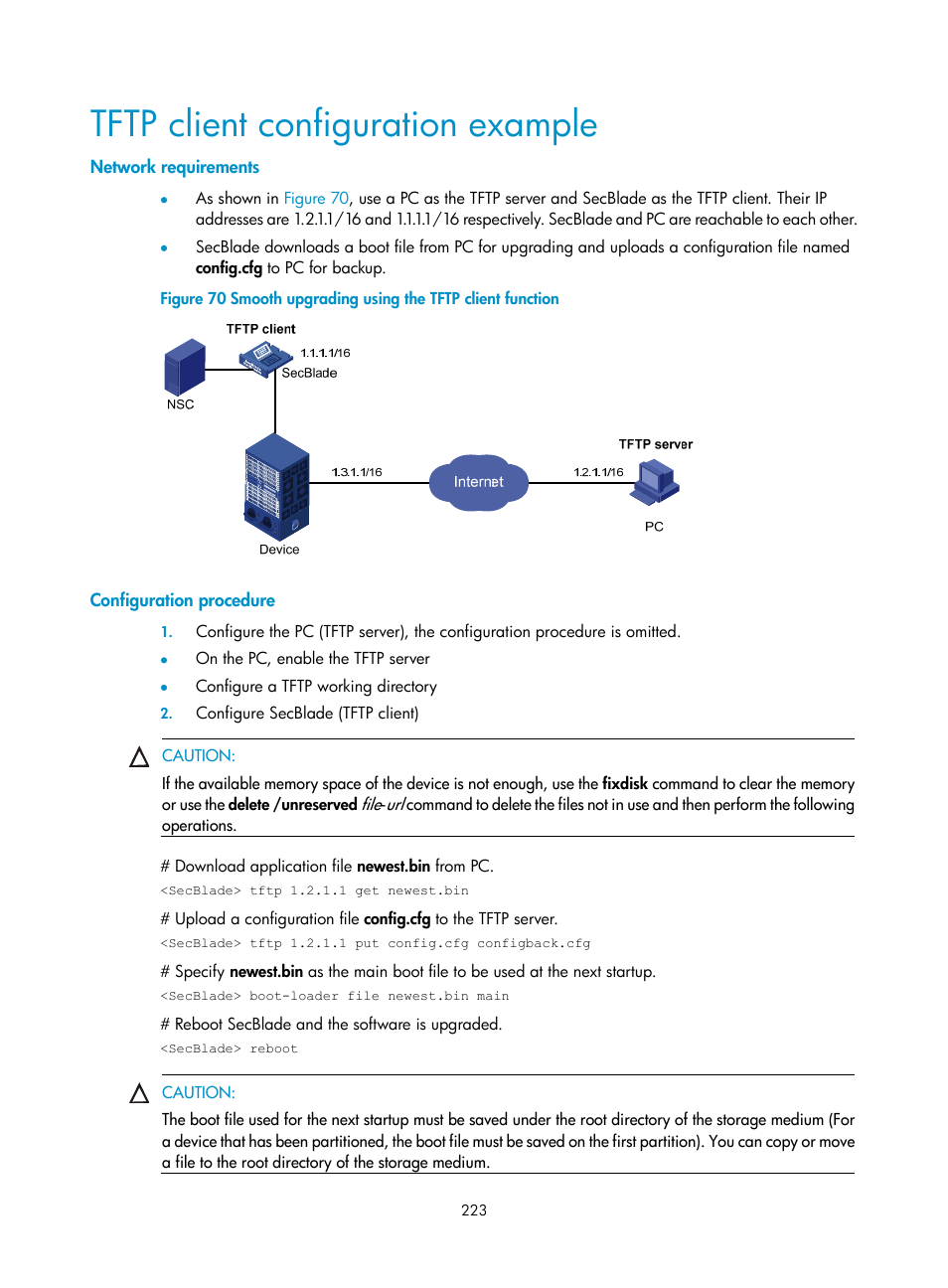 Tftp client configuration example, Network requirements, Configuration procedure | H3C Technologies H3C SecBlade NetStream Cards User Manual | Page 238 / 349