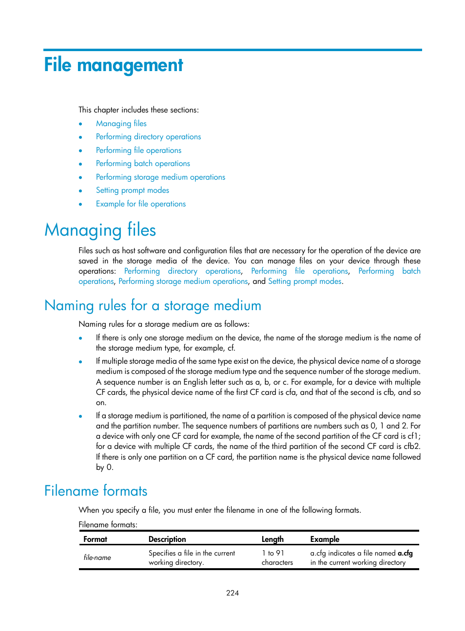 File management, Managing files, Naming rules for a storage medium | Filename formats | H3C Technologies H3C SecBlade NetStream Cards User Manual | Page 239 / 349