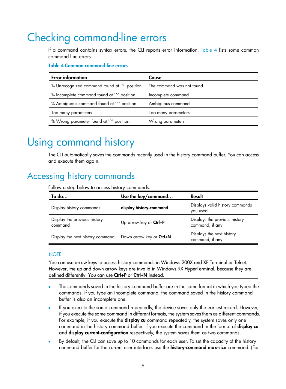 Checking command-line errors, Using command history, Accessing history commands | H3C Technologies H3C SecBlade NetStream Cards User Manual | Page 24 / 349