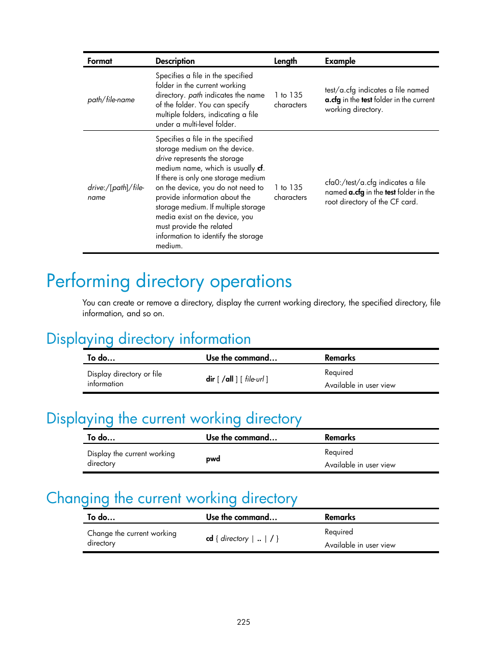 Performing directory operations, Displaying directory information, Displaying the current working directory | Changing the current working directory | H3C Technologies H3C SecBlade NetStream Cards User Manual | Page 240 / 349