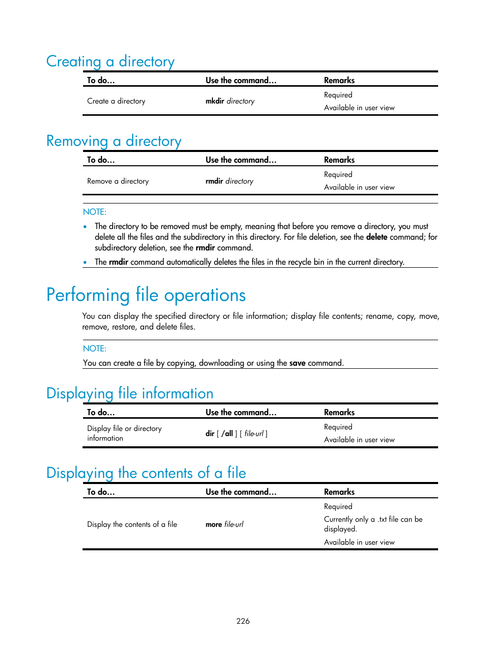 Creating a directory, Removing a directory, Performing file operations | Displaying file information, Displaying the contents of a file | H3C Technologies H3C SecBlade NetStream Cards User Manual | Page 241 / 349