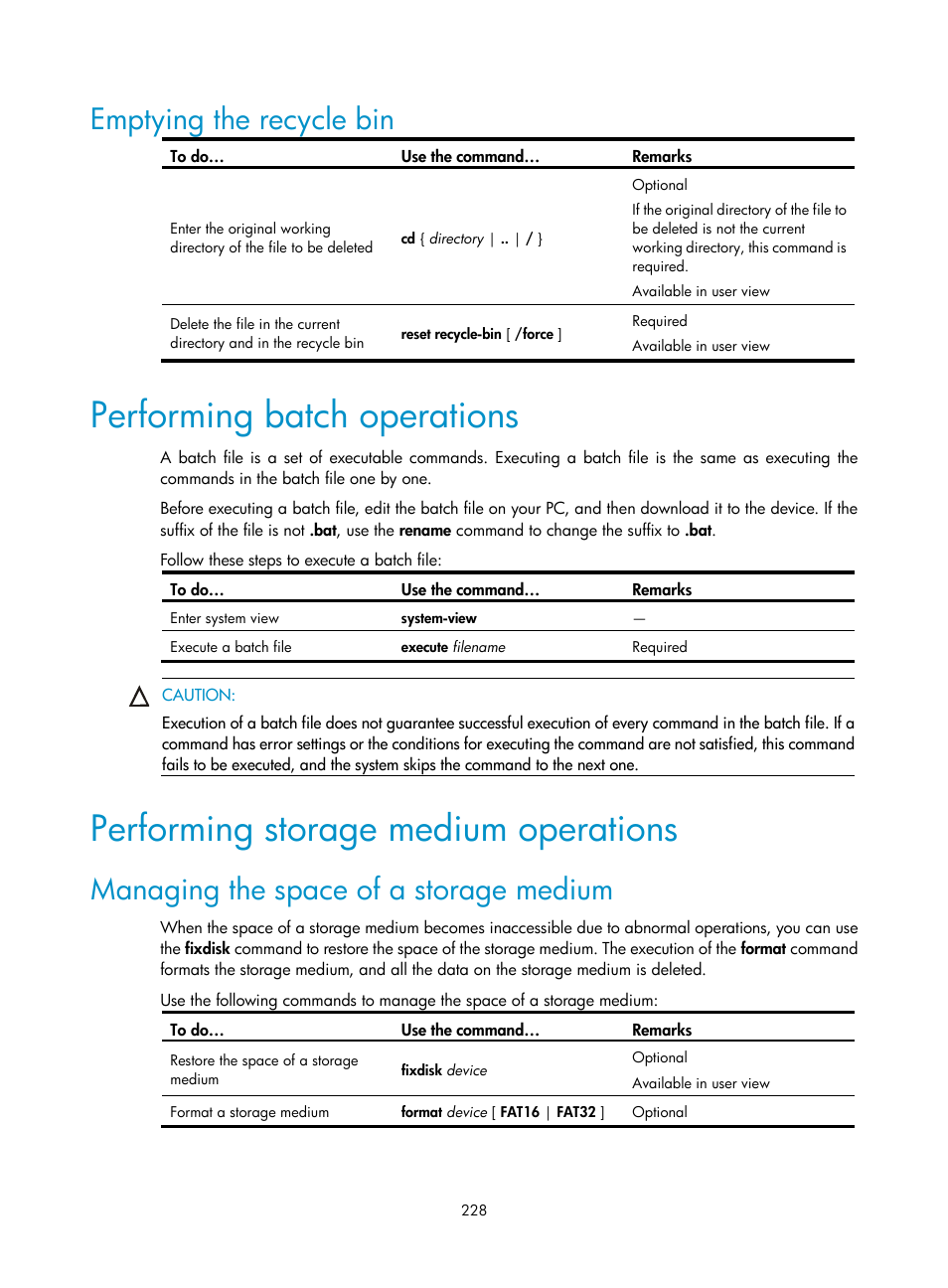 Emptying the recycle bin, Performing batch operations, Performing storage medium operations | Managing the space of a storage medium, Performing batch, Operations | H3C Technologies H3C SecBlade NetStream Cards User Manual | Page 243 / 349