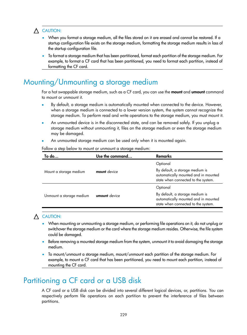 Mounting/unmounting a storage medium, Partitioning a cf card or a usb disk | H3C Technologies H3C SecBlade NetStream Cards User Manual | Page 244 / 349
