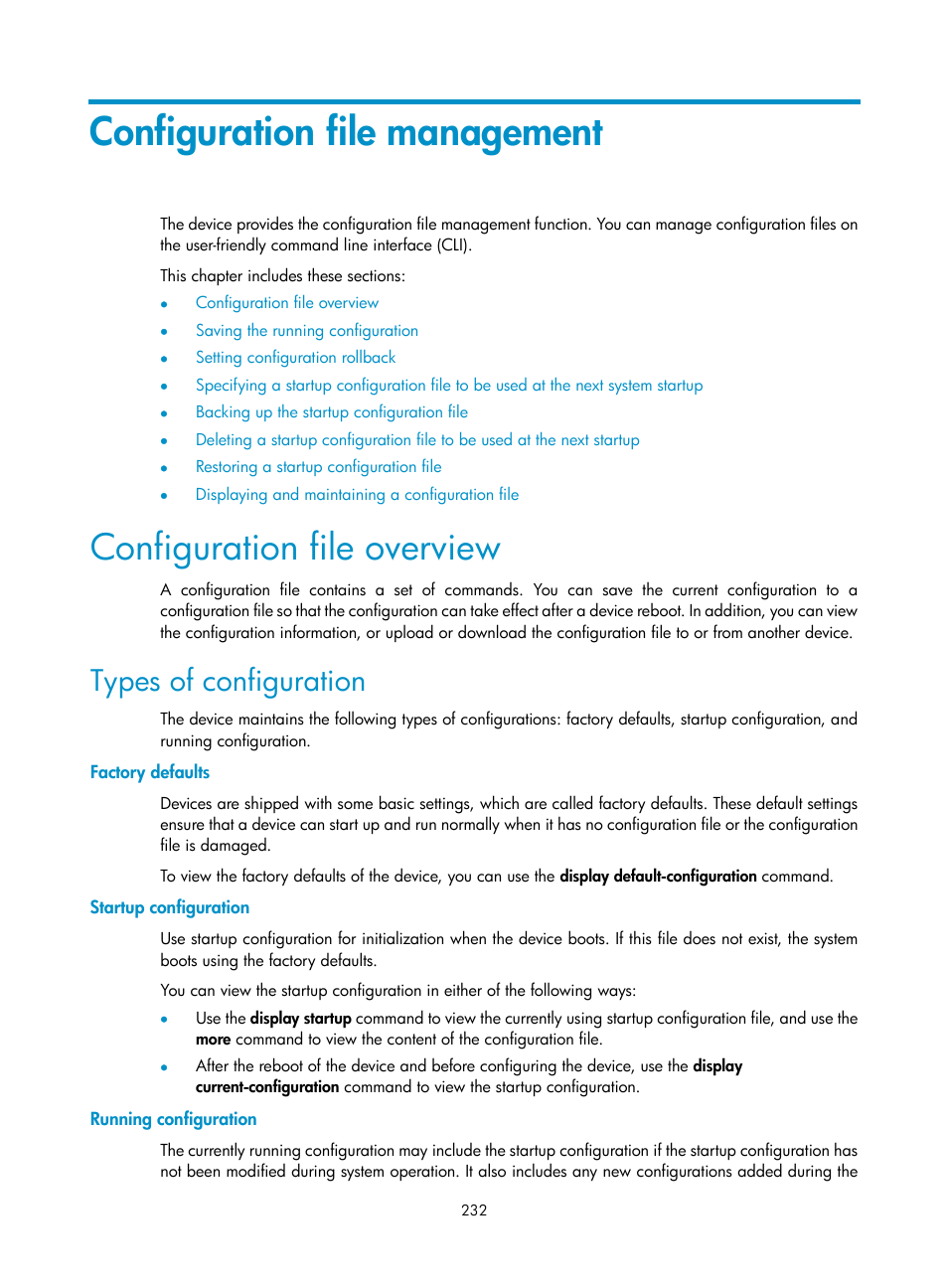 Configuration file management, Configuration file overview, Types of configuration | Factory defaults, Startup configuration, Running configuration | H3C Technologies H3C SecBlade NetStream Cards User Manual | Page 247 / 349