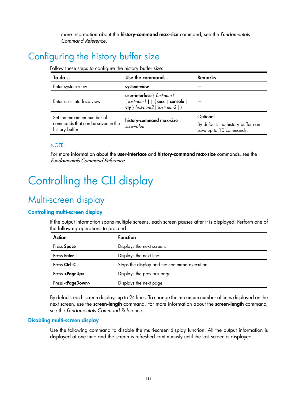 Configuring the history buffer size, Controlling the cli display, Multi-screen display | Controlling multi-screen display, Disabling multi-screen display | H3C Technologies H3C SecBlade NetStream Cards User Manual | Page 25 / 349