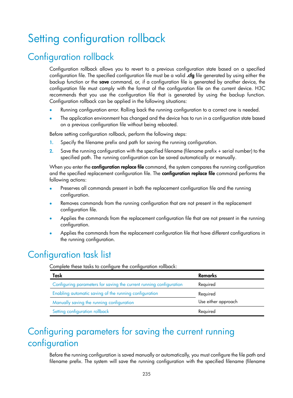 Setting configuration rollback, Configuration rollback, Configuration task list | H3C Technologies H3C SecBlade NetStream Cards User Manual | Page 250 / 349