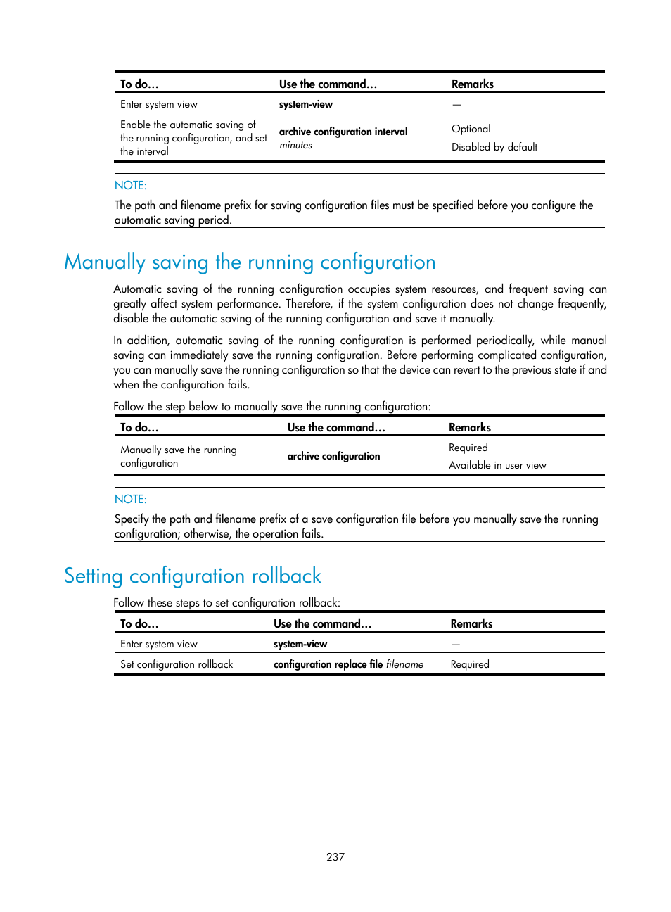 Manually saving the running configuration, Setting configuration rollback | H3C Technologies H3C SecBlade NetStream Cards User Manual | Page 252 / 349