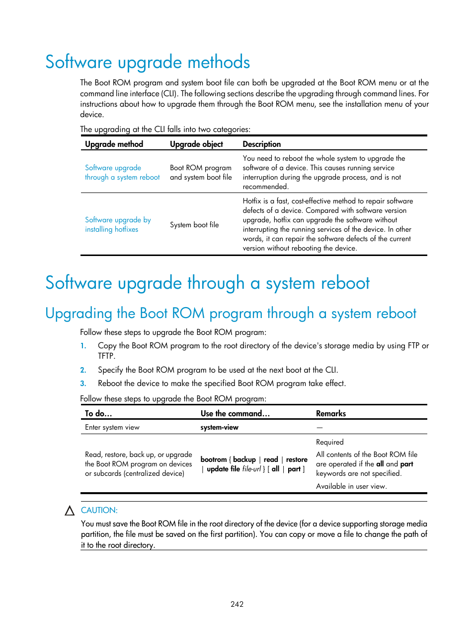 Software upgrade methods, Software upgrade through a system reboot | H3C Technologies H3C SecBlade NetStream Cards User Manual | Page 257 / 349
