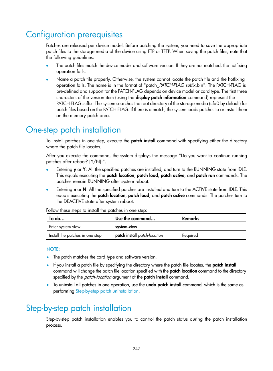 Configuration prerequisites, One-step patch installation, Step-by-step patch installation | H3C Technologies H3C SecBlade NetStream Cards User Manual | Page 262 / 349