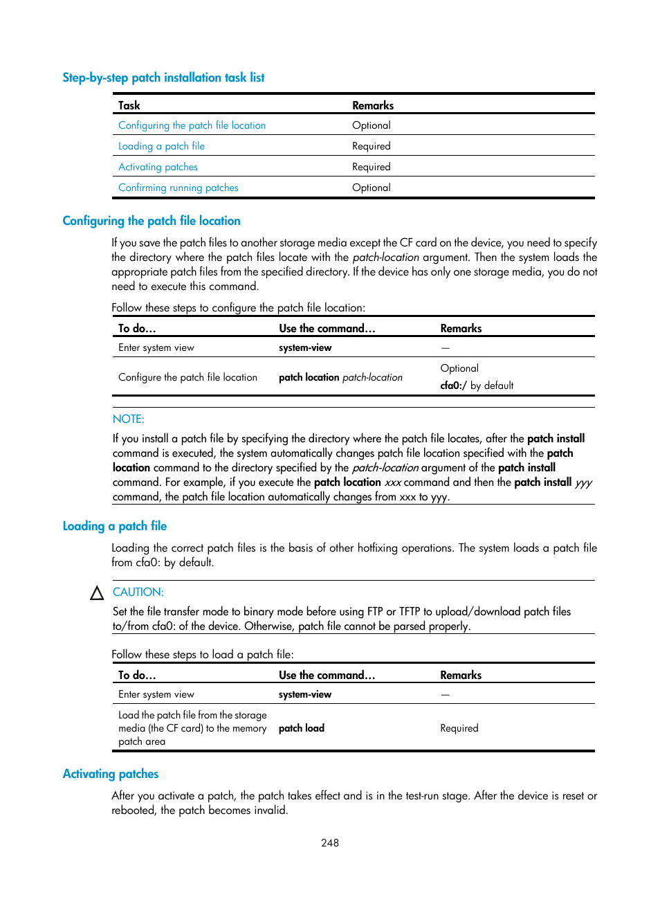 Step-by-step patch installation task list, Configuring the patch file location, Loading a patch file | Activating patches | H3C Technologies H3C SecBlade NetStream Cards User Manual | Page 263 / 349