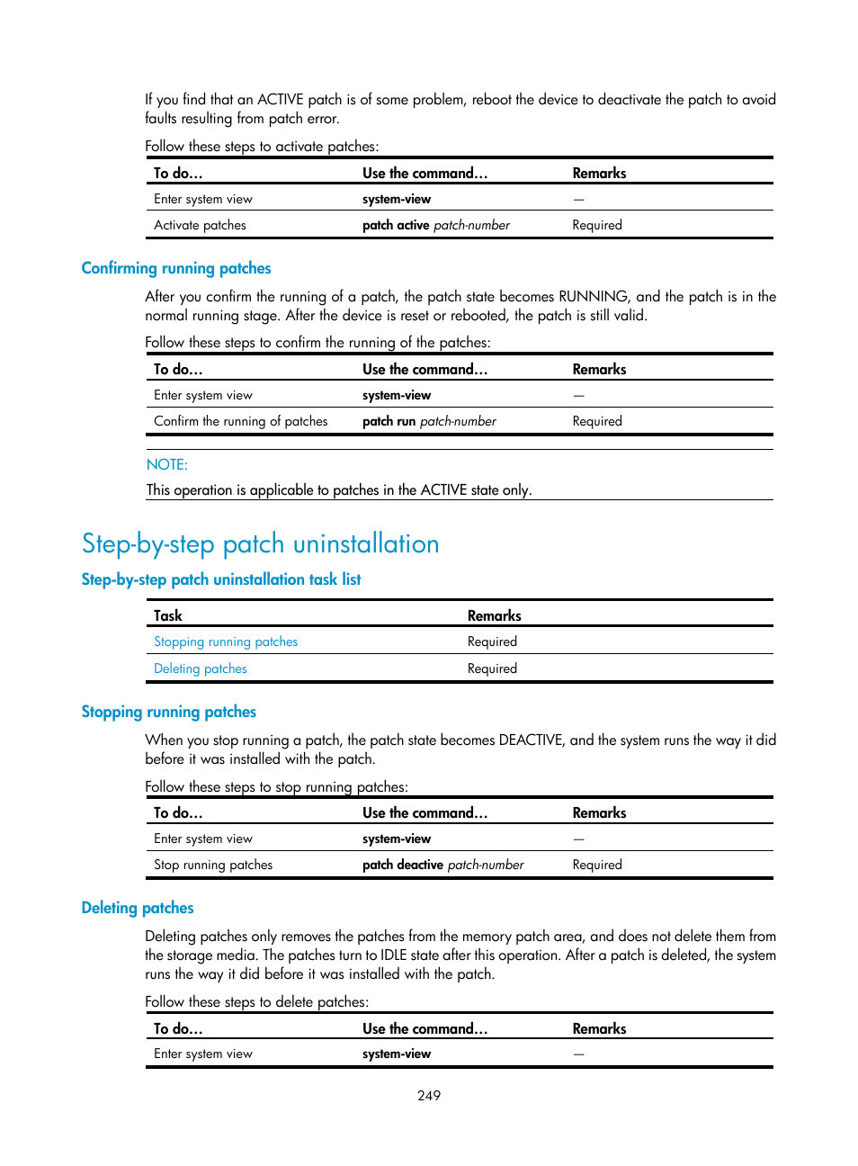 Confirming running patches, Step-by-step patch uninstallation, Step-by-step patch uninstallation task list | Stopping running patches, Deleting patches | H3C Technologies H3C SecBlade NetStream Cards User Manual | Page 264 / 349