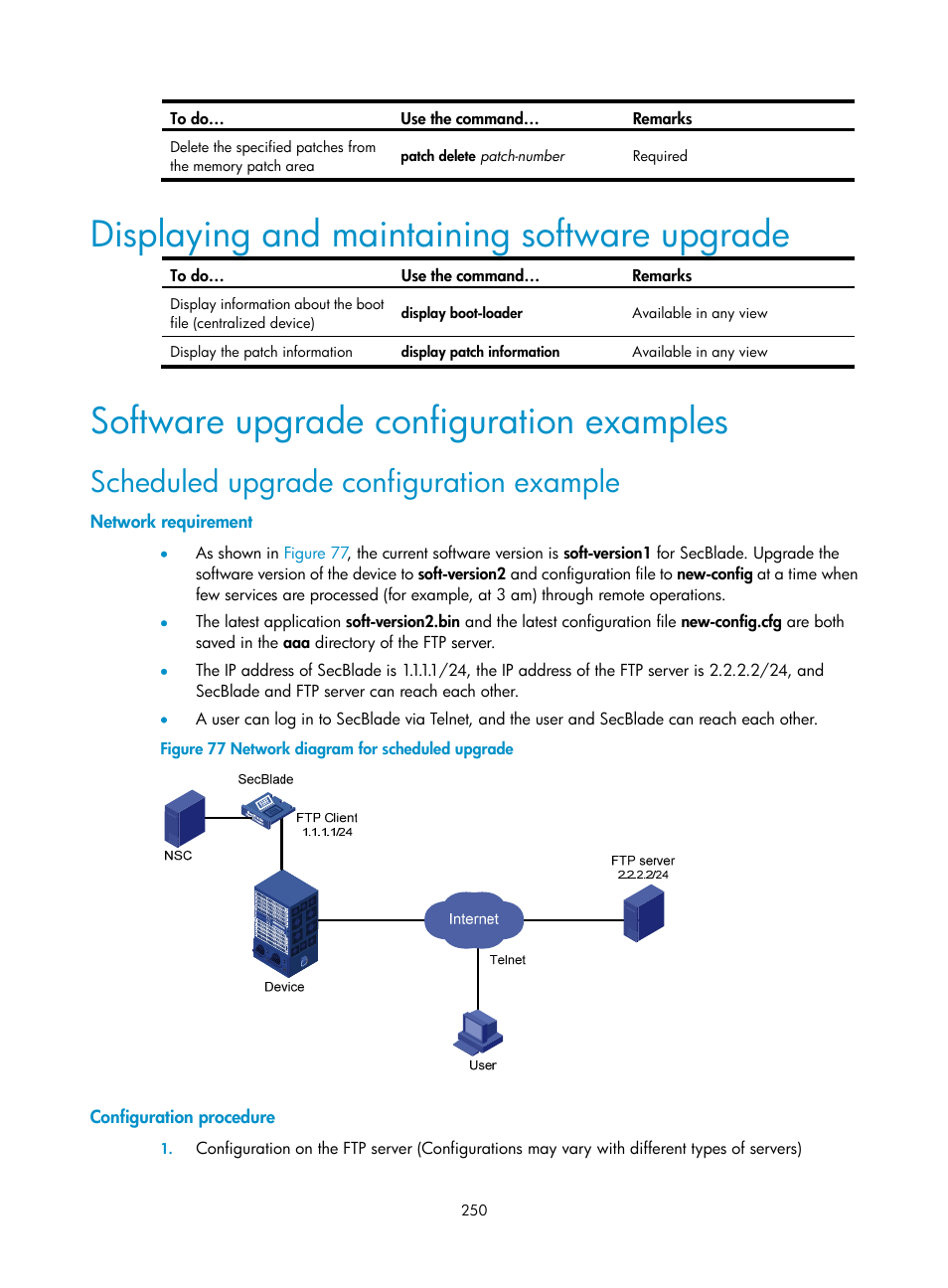 Displaying and maintaining software upgrade, Software upgrade configuration examples, Scheduled upgrade configuration example | Network requirement, Configuration procedure | H3C Technologies H3C SecBlade NetStream Cards User Manual | Page 265 / 349