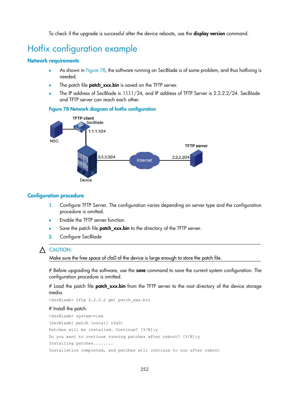 Hotfix configuration example, Network requirements, Configuration procedure | H3C Technologies H3C SecBlade NetStream Cards User Manual | Page 267 / 349